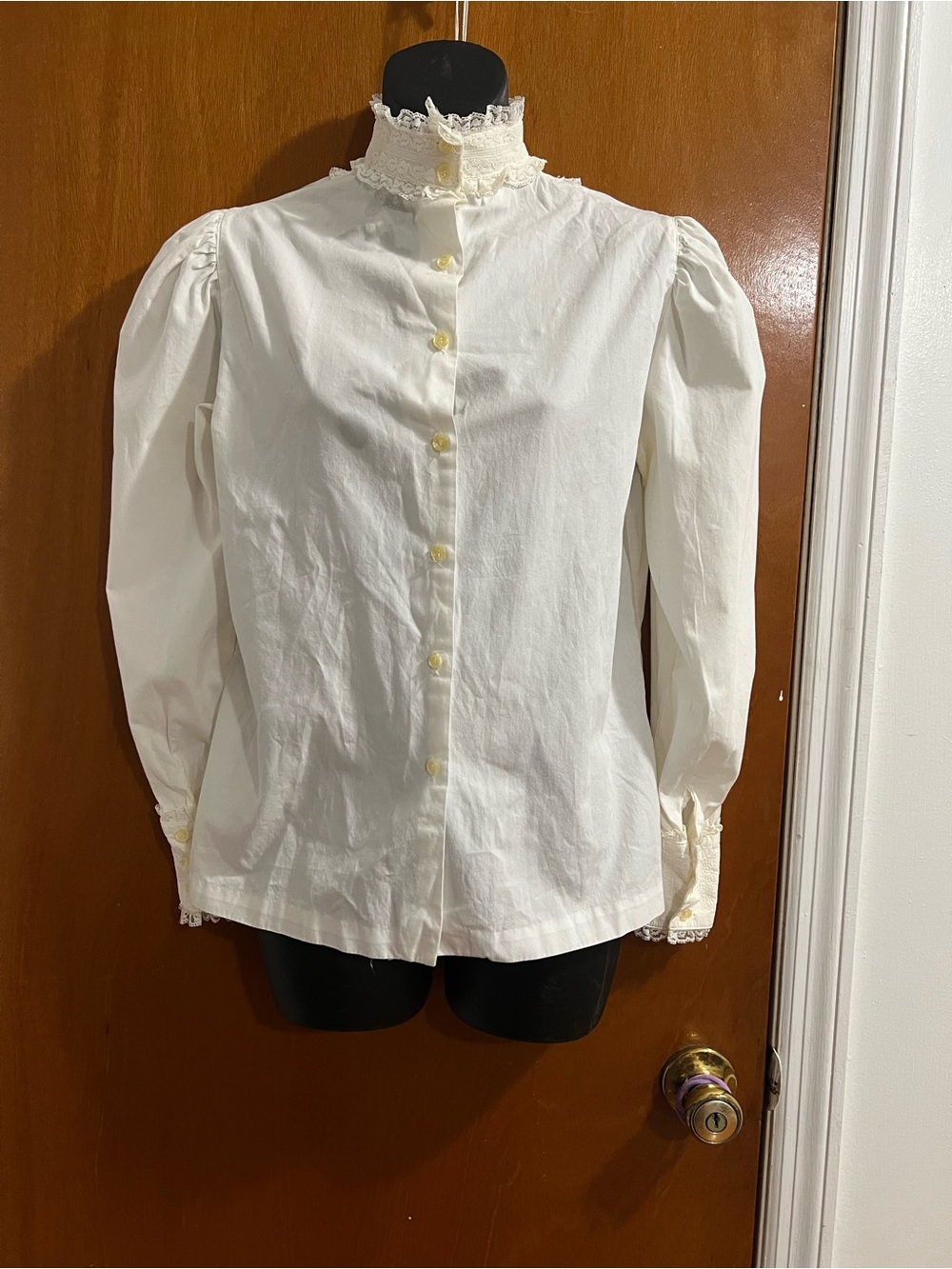 villager Cream Lace-Trim Victorian Button-Down Blouse